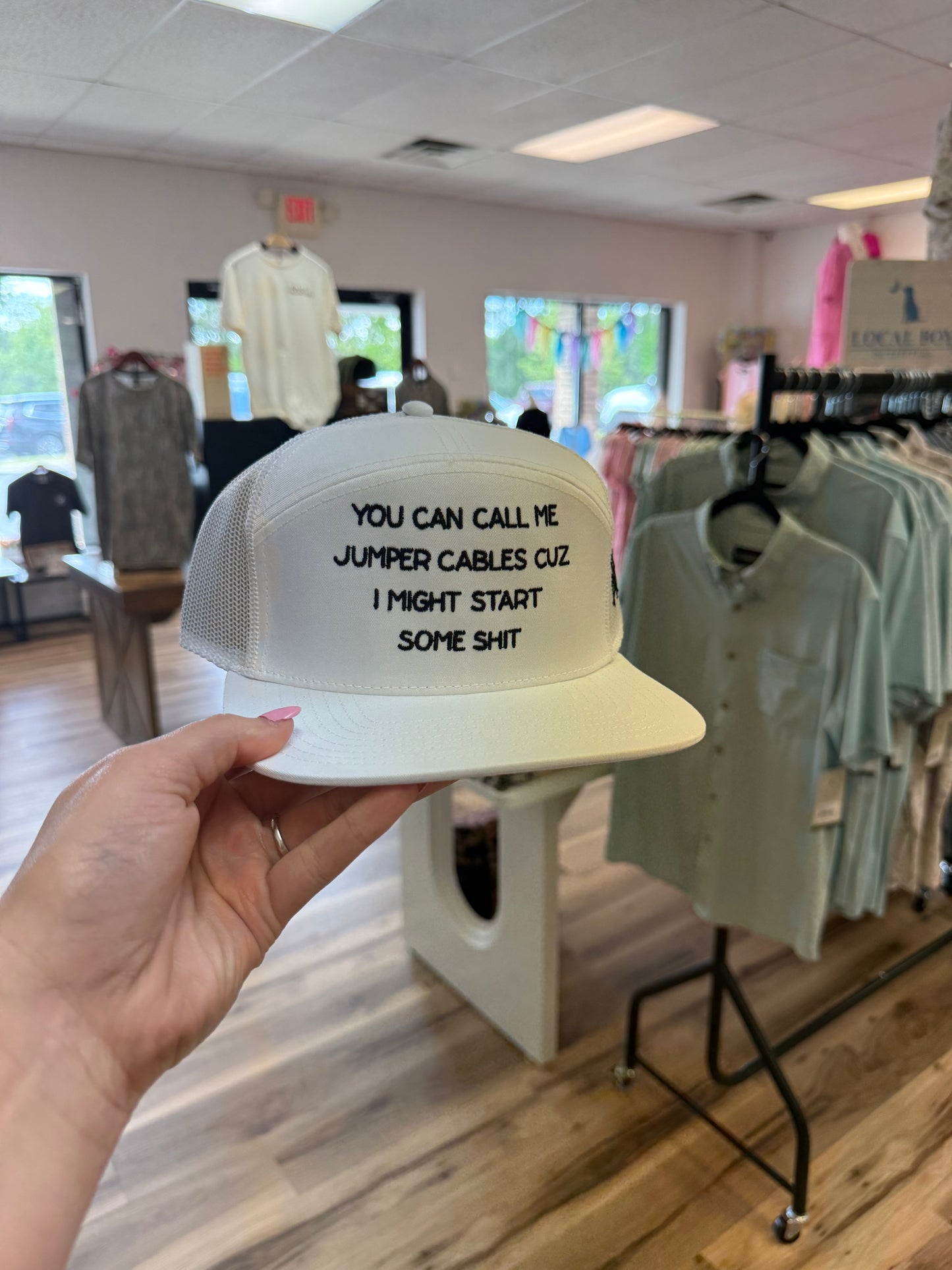CALL ME JUMPER CABLES TRUCKER HAT 7 PANEL WHITE