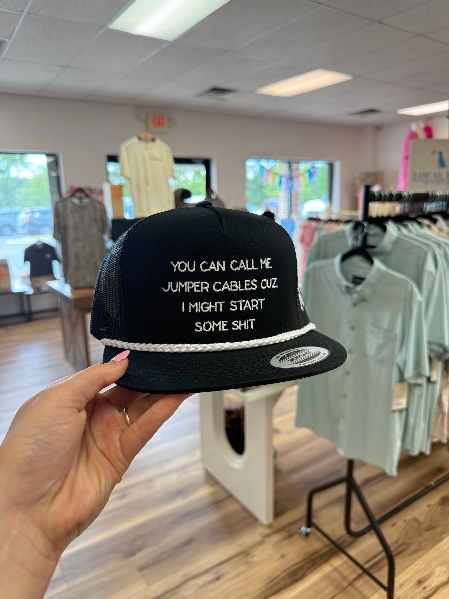 CALL ME JUMPER CABLES TRUCKER HAT BLACK/WHITE ROPE